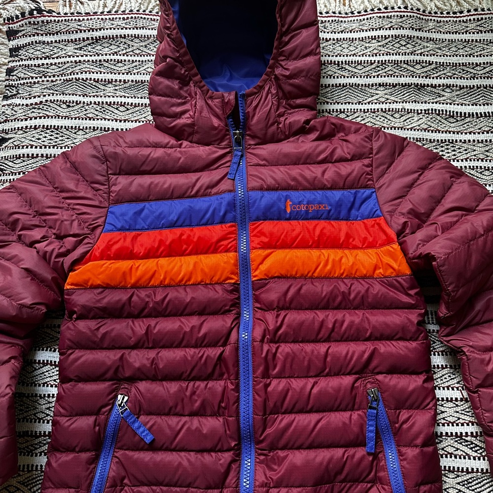 Cotopaxi kids fuego hooded down jacket, like new